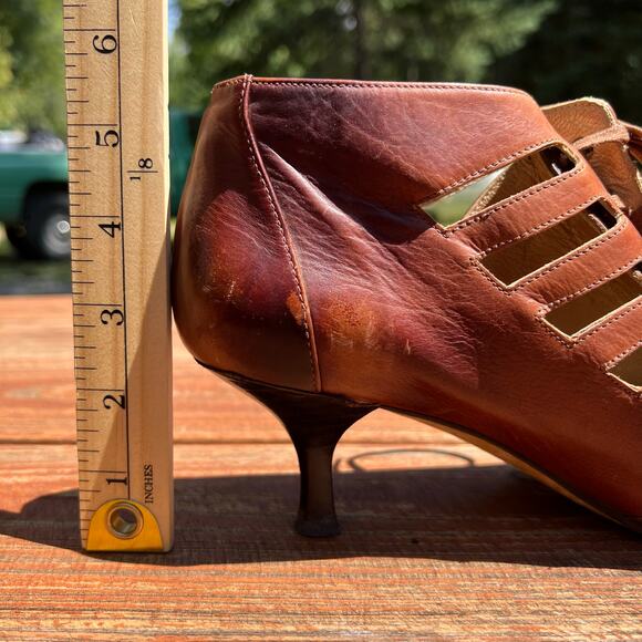 Stuart Weitzman Vintage Lace-Up Peep Toe Booties 8.5 Cognac Brown Leather Heels - Picture 16 of 16